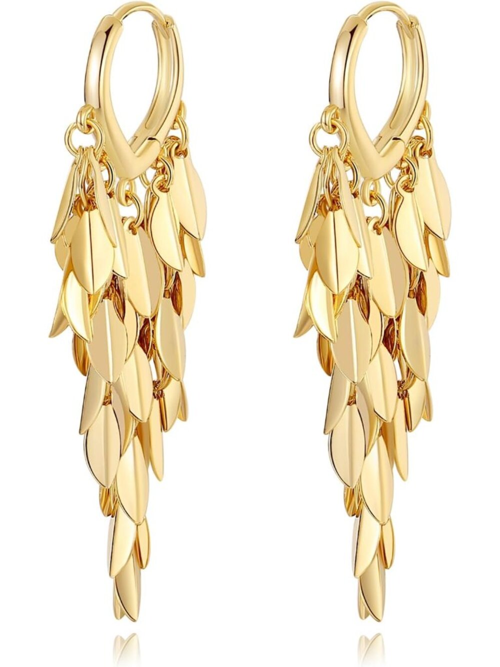 18K Gold Plated Leaf Hoop Earrings for Women, Long Tassel Dangle Drop Earrings,